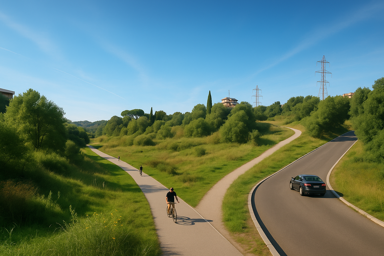 Rendering del parco lineare con pista ciclabile nel fondo valle