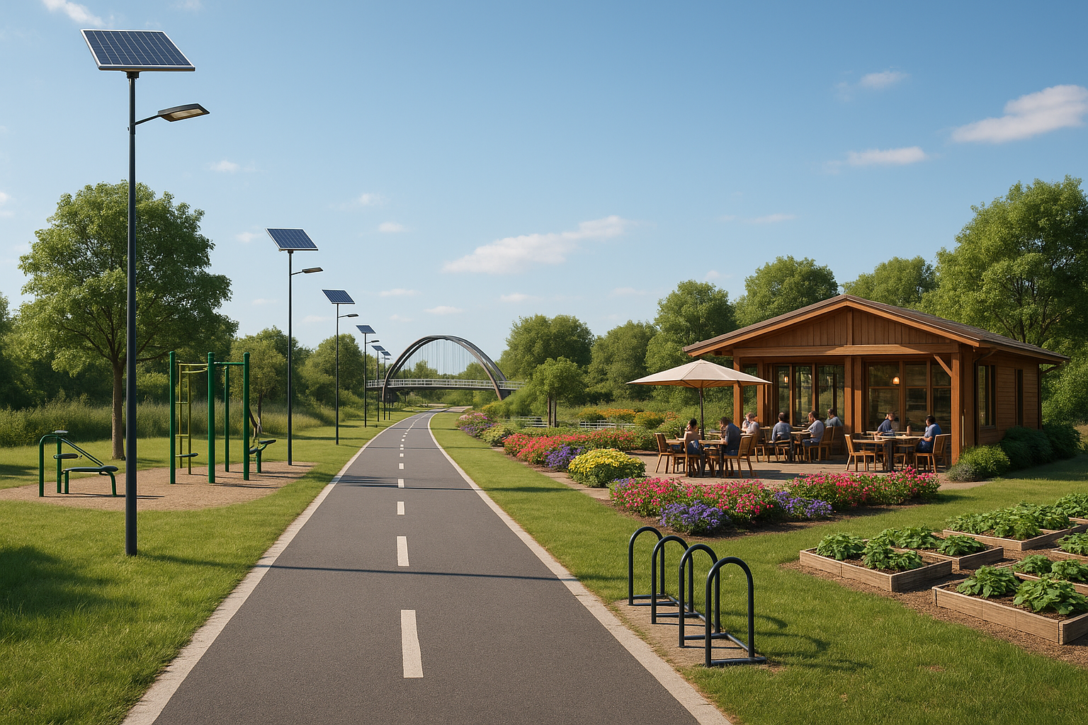 Rendering del parco con area giochi, orti urbani e pista ciclabile